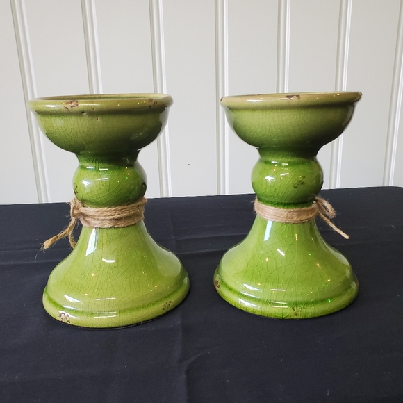 Green Distresses Candle Stick Holders 2 pc. Set - Picture 6 of 11